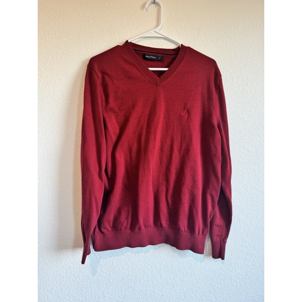 Nautica Women's Red V Neck Long Sleeve Sweater 100% Cotton Size Large